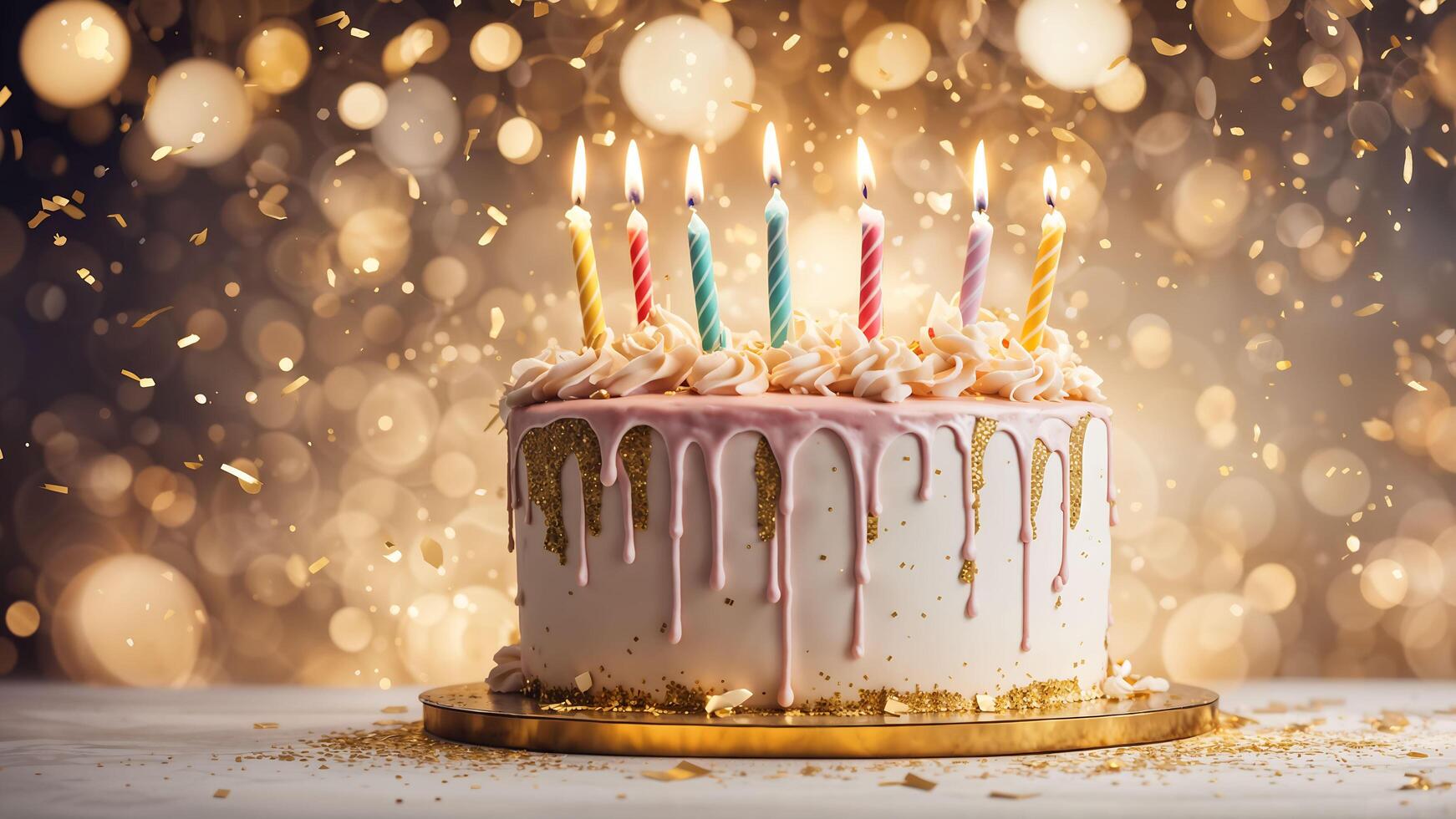 Whipped cream topper on white cake adorned seven candles with fire, shinny gold confetti, sparkles and bokeh light on background. photo