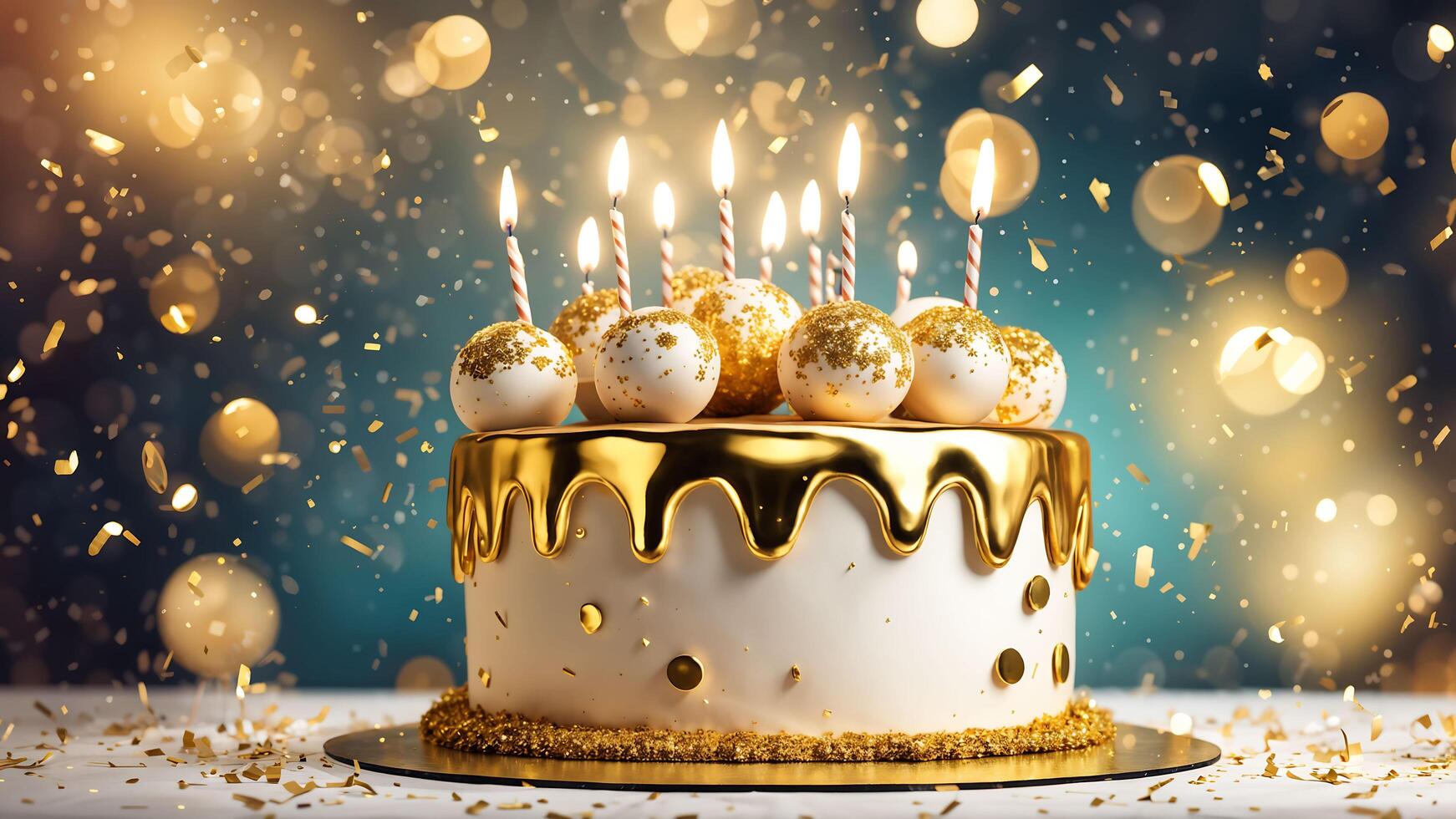 Golden and white cake on table adorned white balls candle sprinkled gold powder with fire , shinny confetti and bokeh light on background. photo