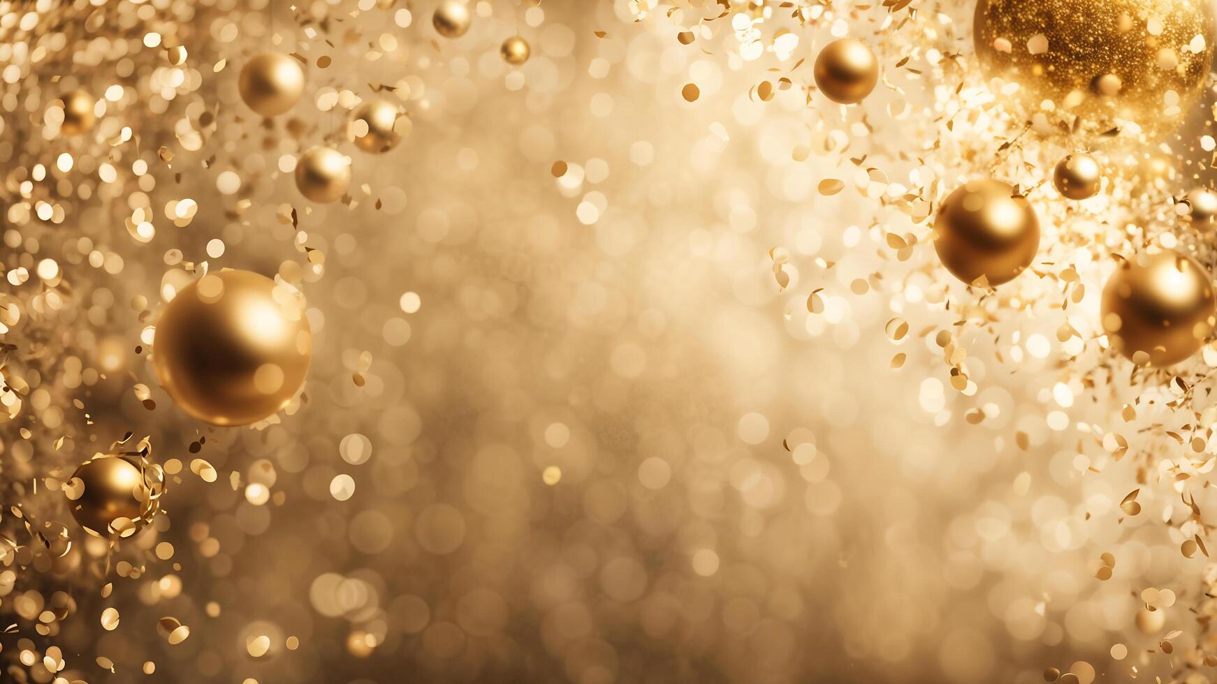 Blurry celebrate moment background adorned floating gold balls, golden particles sprinkles and confetti and bokeh light. free space on center composition photo