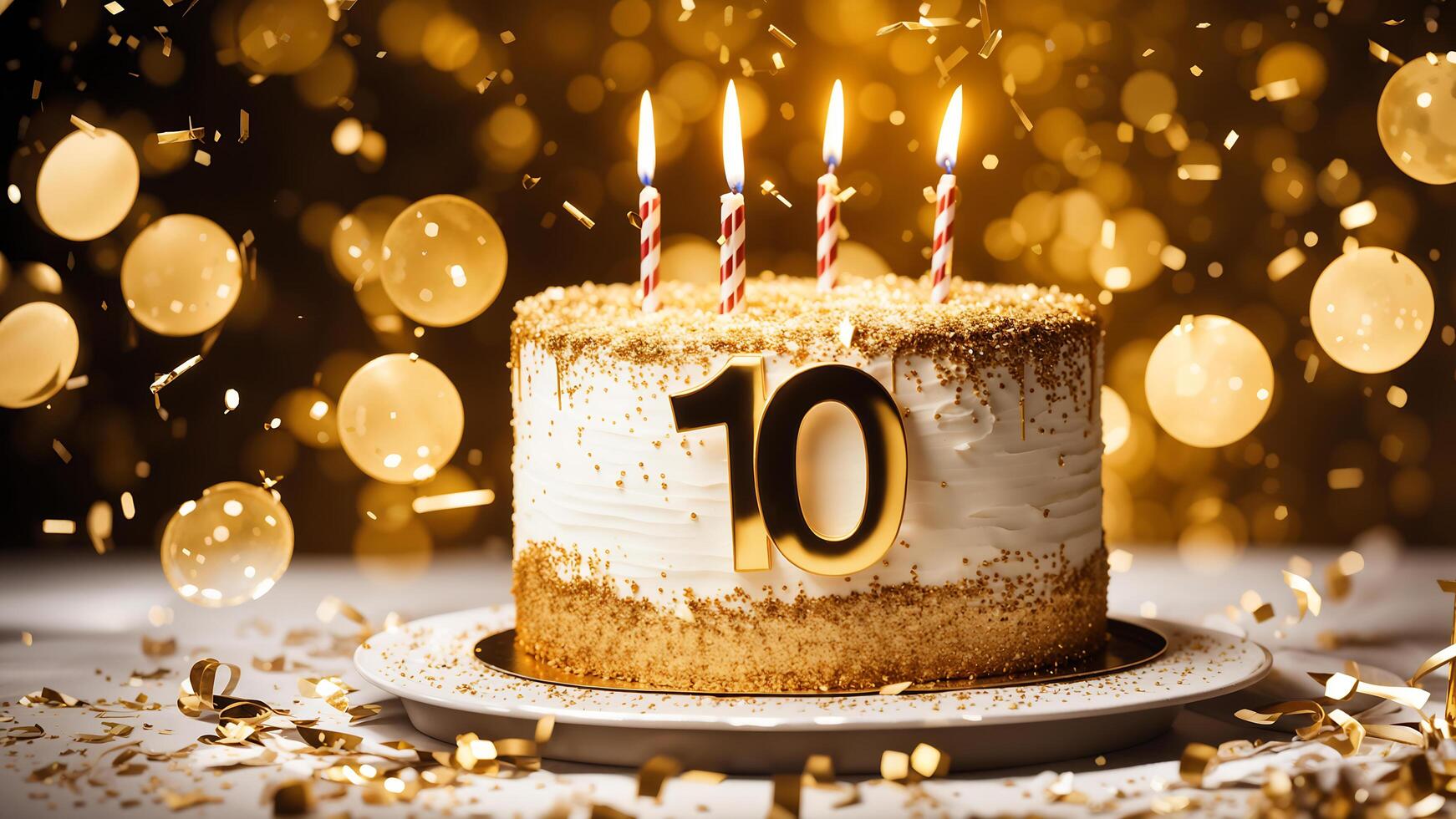 Golden sparking topper on white cake adorned four candles with fire and shinny 10 number on the side, confetti and bokeh light on background. photo