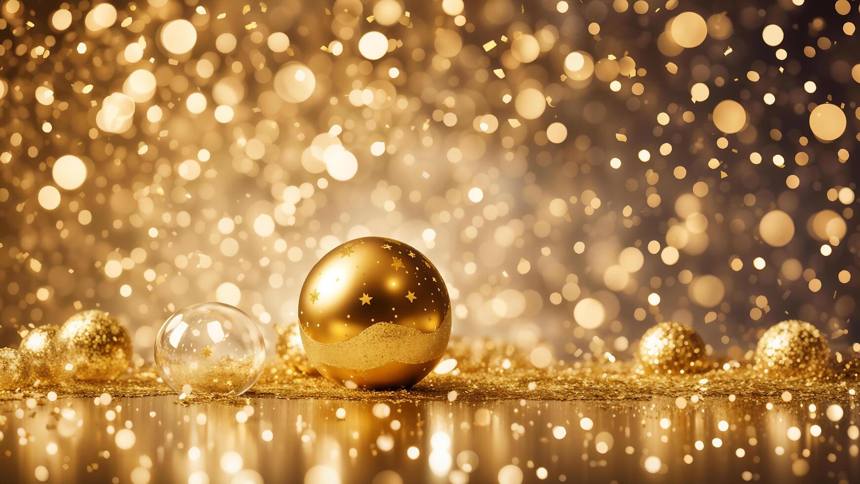 Celebrate moment background adorned close up gold balls painted star shape, golden particles sprinkles and bokeh light photo