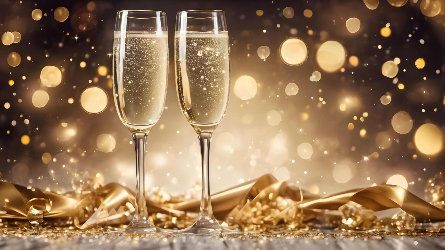 Close up two champagne glasses on table adorned gold confetti and ribbon, golden sparkle and yellow bokeh light background. Left composed. Celebrate moment event scene. photo