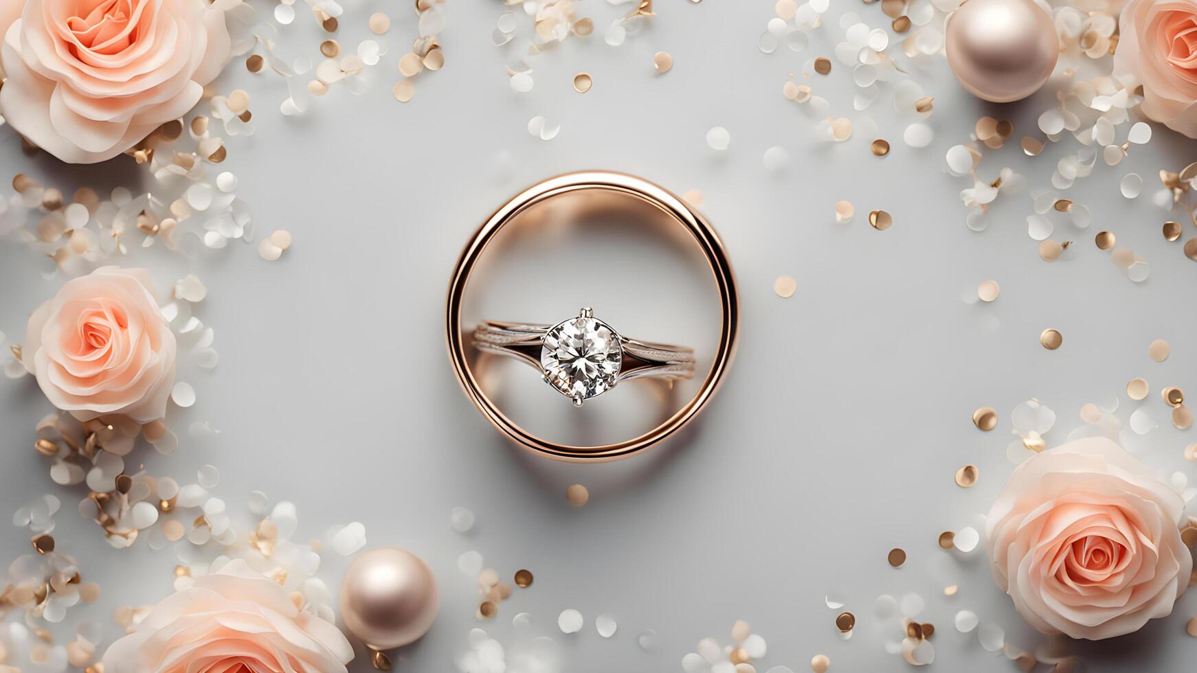 Top view of wedding daimond ring and plain pink gold ring adorned layout nude color roses and confetti on white background photo