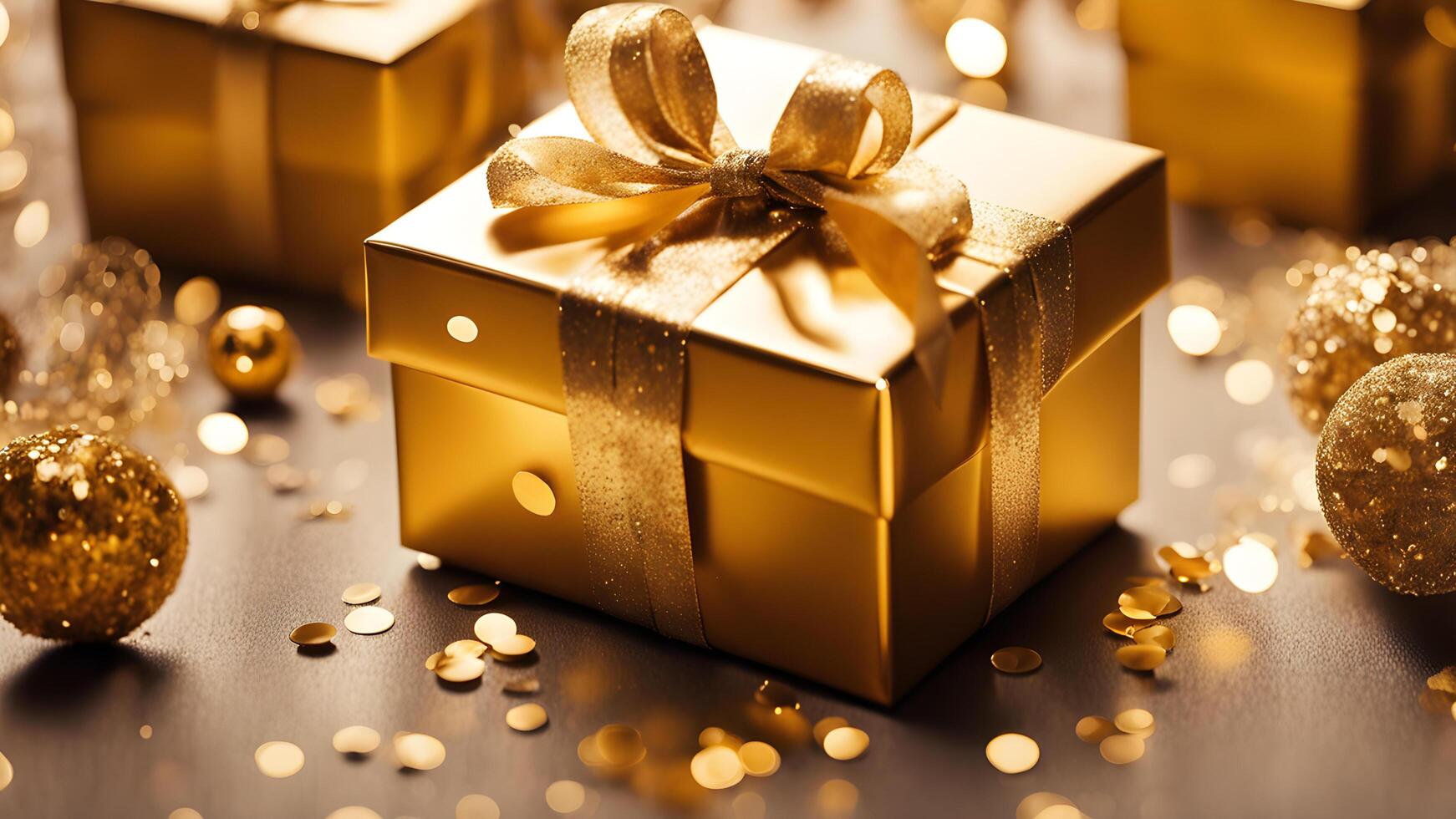 Selective focus close up of gold gift boxes with a shinny bow adorned gold balls, yellow sparkle on golden floor. diffused light from back side. photo