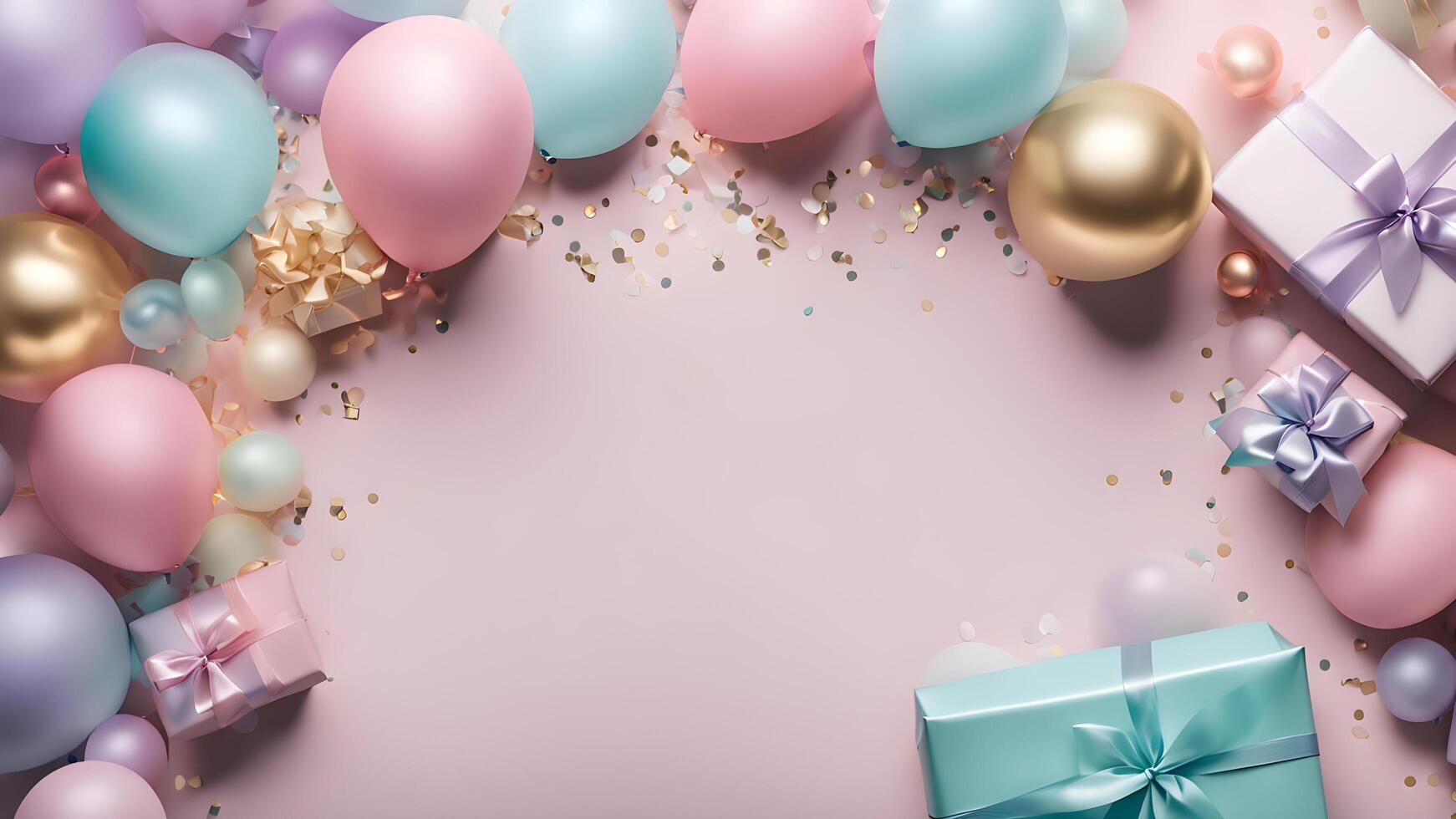 Top view celebrate moment scene adorned pastel balloons, gift boxes, circle confetti on pink background. Center free space composition layout photo