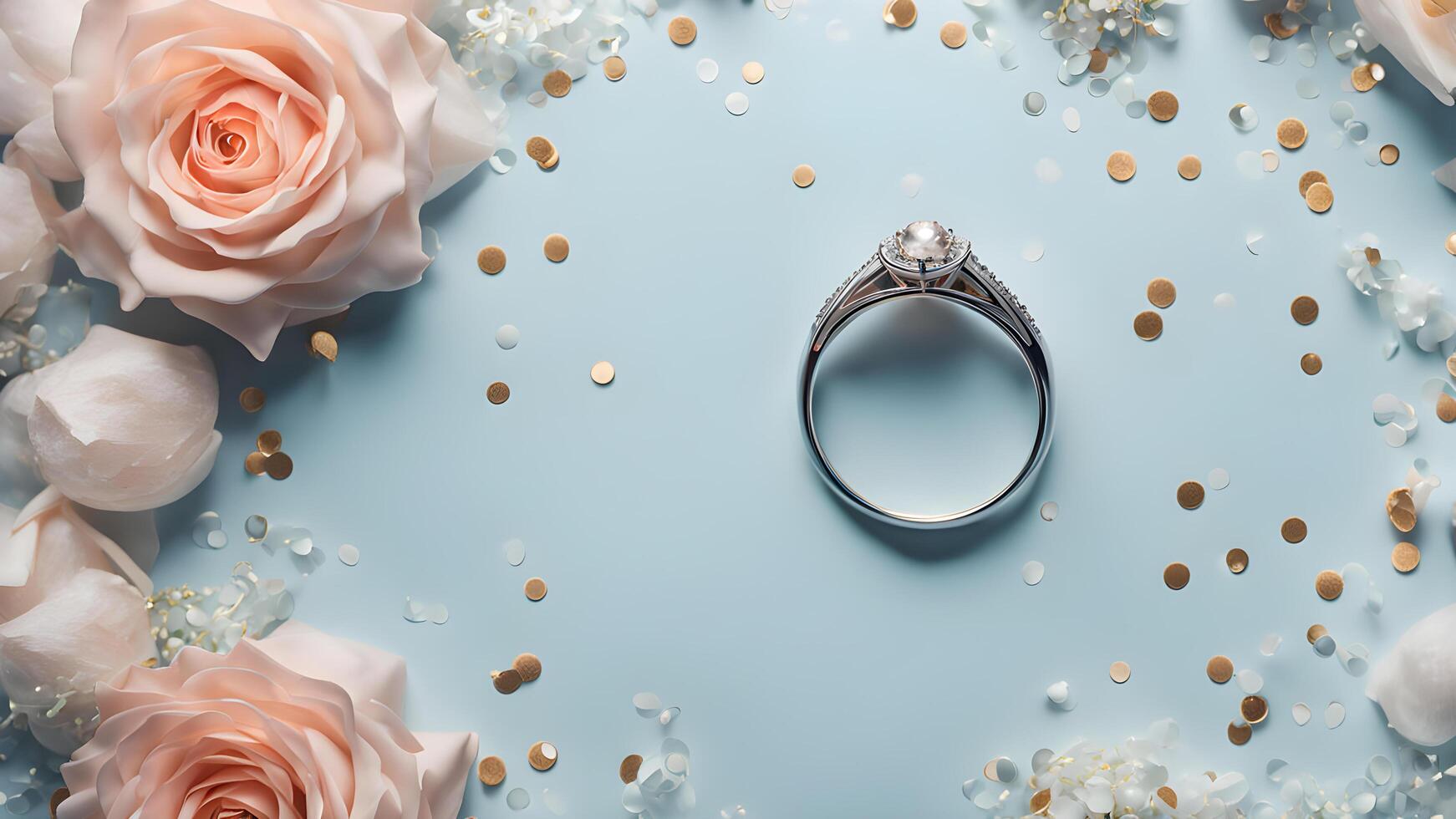 Top view close up of wedding daimond ring adorned layout nude color roses on pastel blue scene background photo