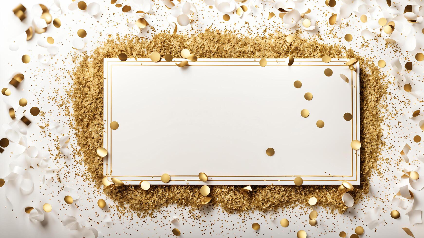 Top view free center compose of celebrate moment layout adorned white paper frame, gold circle papers confetti, particles sprinkles, on white scene. photo