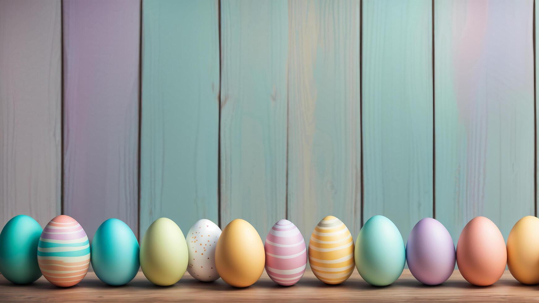 Easter decorative scene adorned align one lines of colorful pastel eggs with painted and wooden pastel backdrop with free space for creative design photo