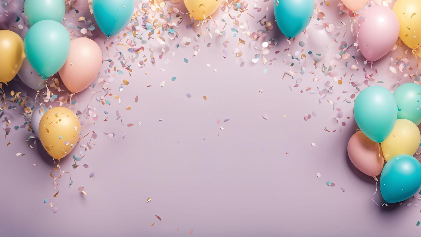 Top view celebrate moment scene adorned pastel balloons, circle confetti on light purple background. Center free space composition layout photo