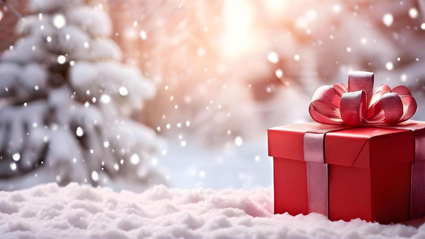 Close up view of red gift box with a shinny red bow on snowflakes with blurry snowy Christmas tree and fresh snow white bokeh lights. holiday or festive greeting card banner. right composition photo