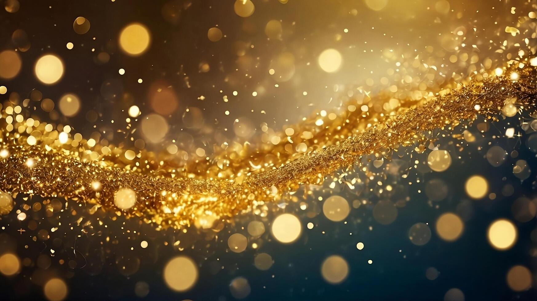 Golden particles and sprinkles in wave like background. Festive layout scene adorned with curve line gold sparkles, radiant particles, confetti bokeh. holiday wallpaper, greeting card, backdrop photo