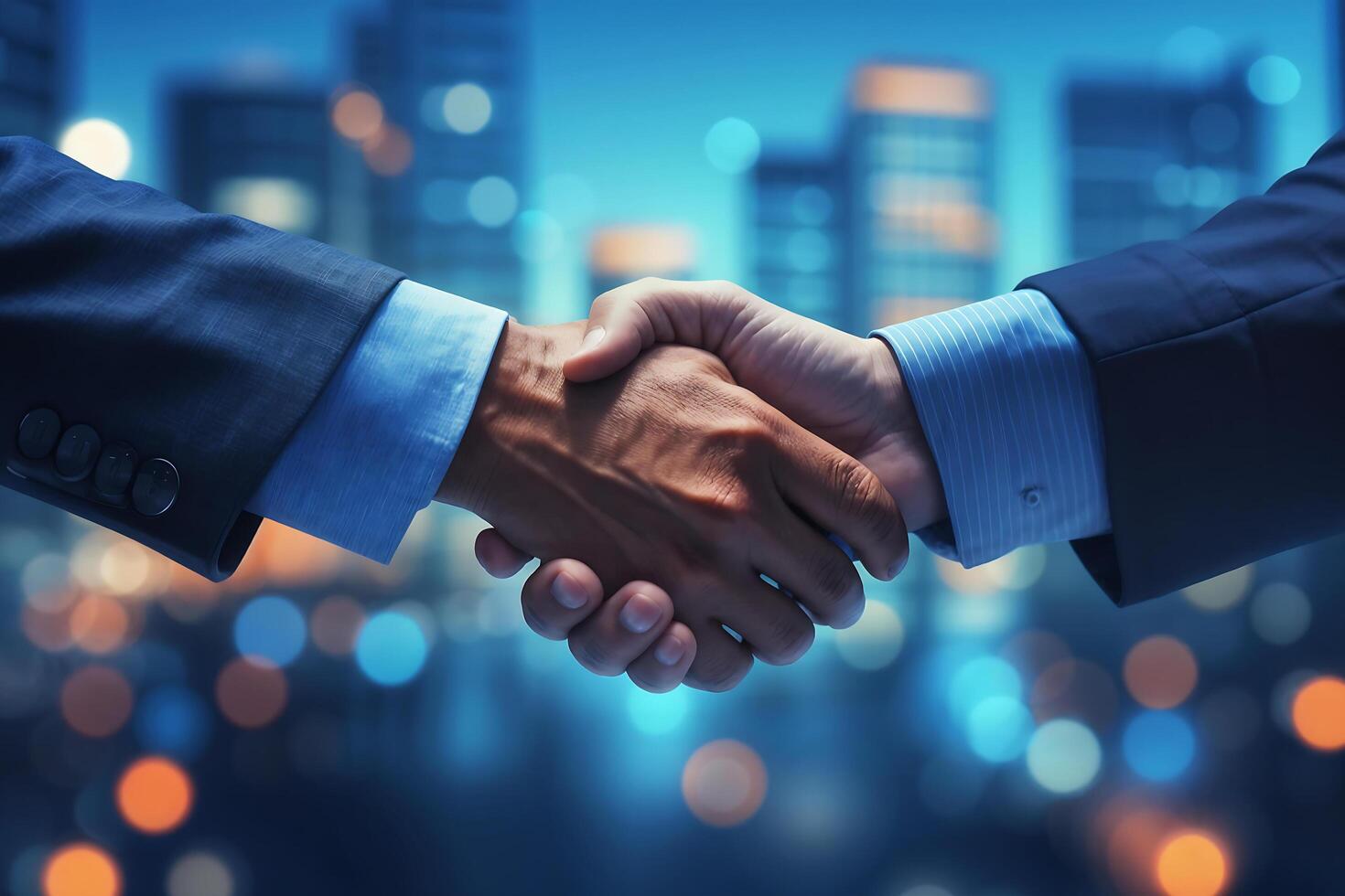 Close up of businessman handshake with blurry business building and bokeh light background. Diversity race of two hands shaking together. Concept of connectivity, success, partnership, teamwork. photo