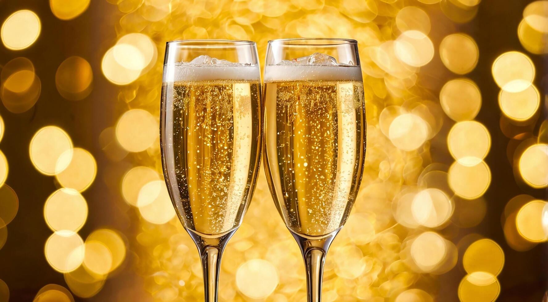 Close up shot of two champagne in glasses for festive with gold sparkle and bokeh light background. Celebrate event scene. photo