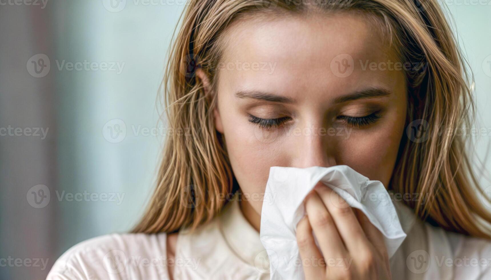 Young Woman in Her 20s Blowing Nose with Tissue photo