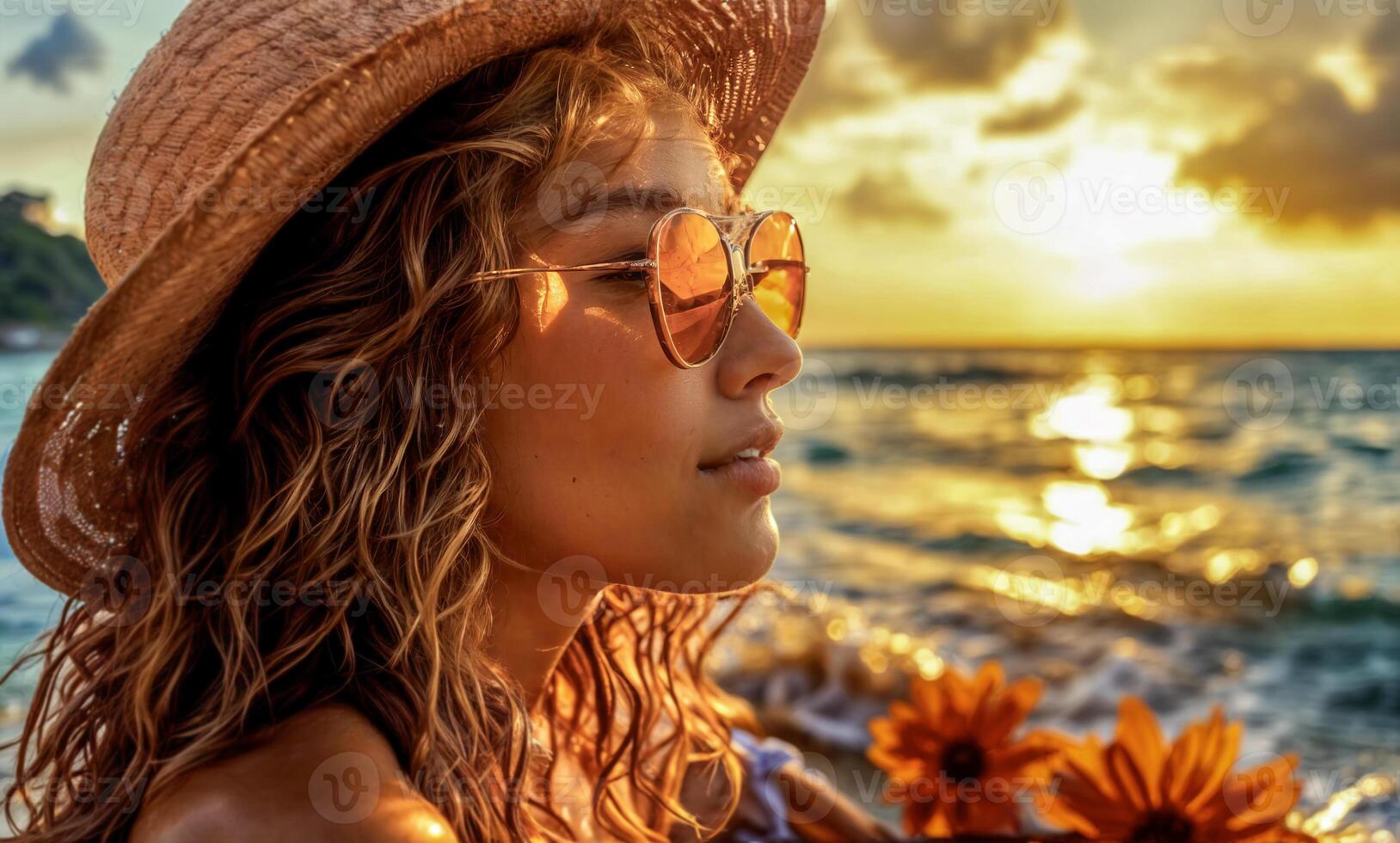 Woman Enjoying Sunset on Beach with Sunglasses photo
