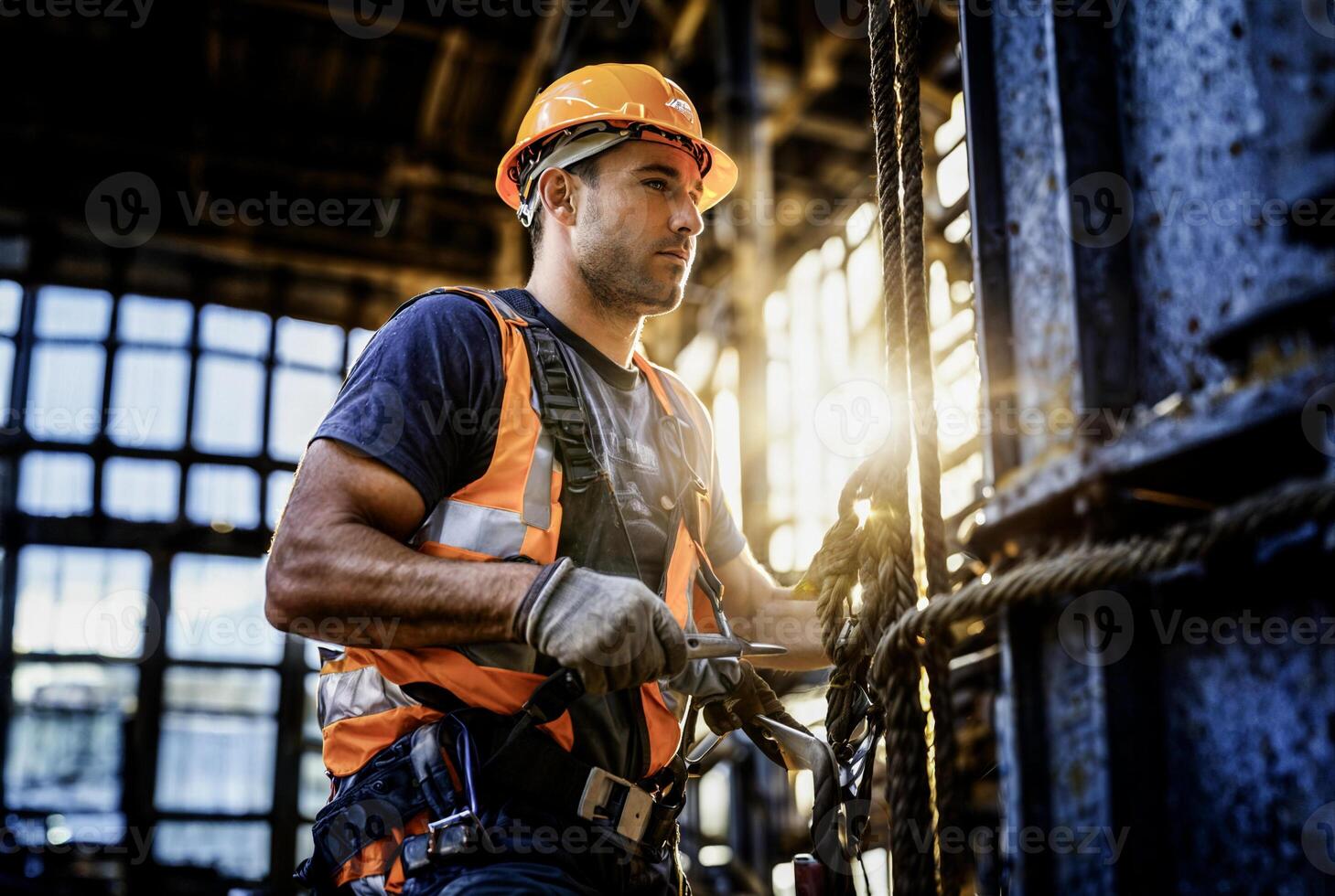 Construction Worker in Safety Gear at Job Site photo