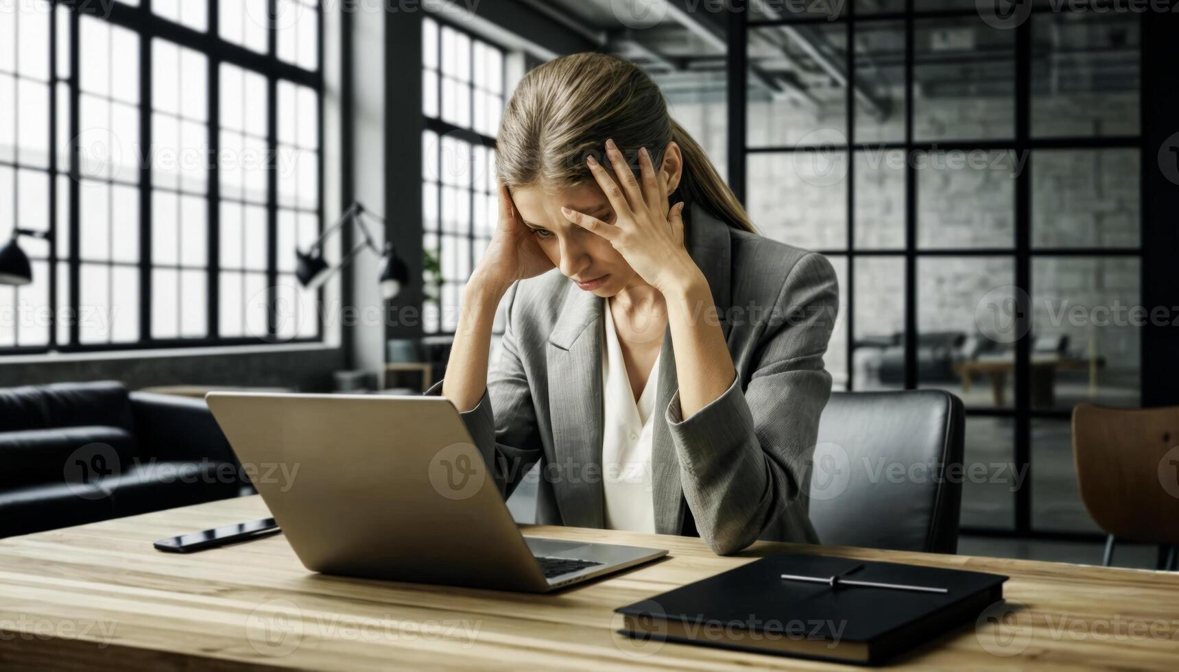 Stressed Businesswoman Working on Laptop in Office photo