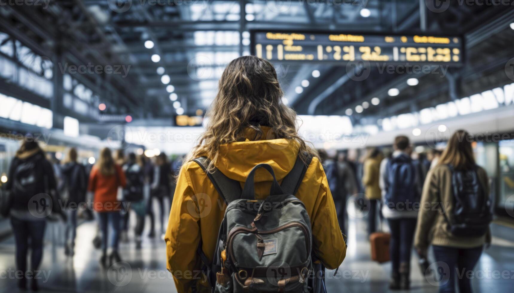 Young Woman with Backpack at Airport Terminal photo