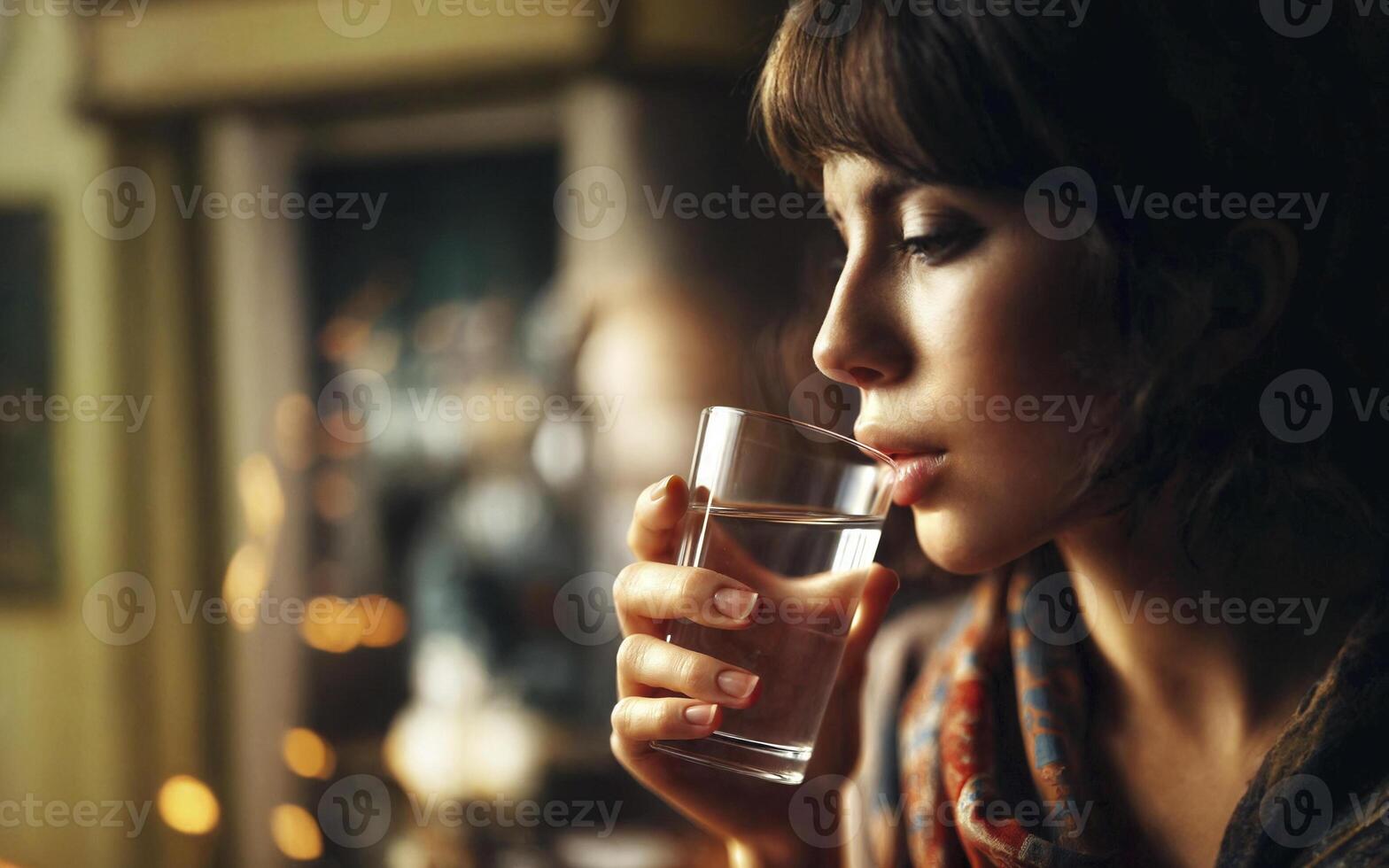 Young Woman Drinking Water Indoors photo