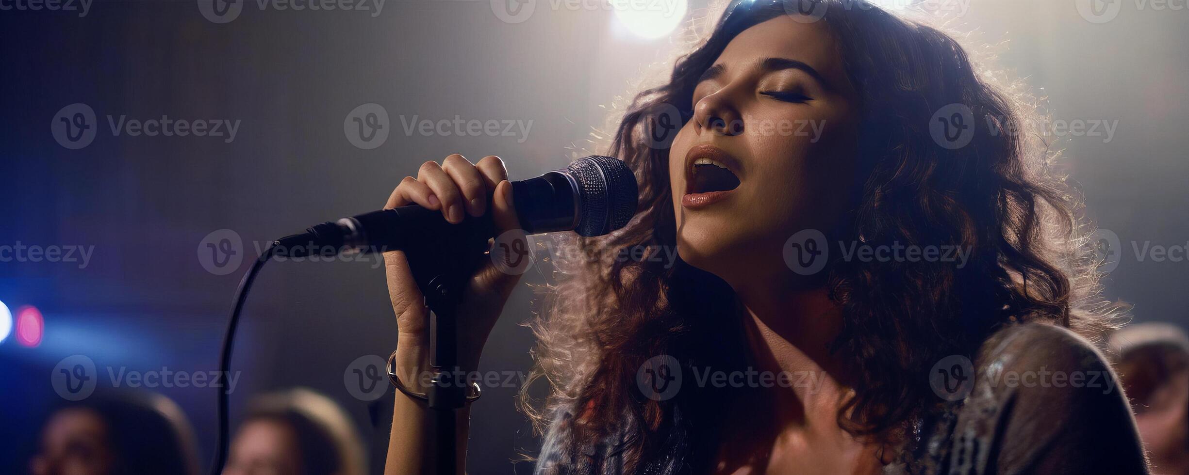 Young Woman Singing on Stage with Microphone photo