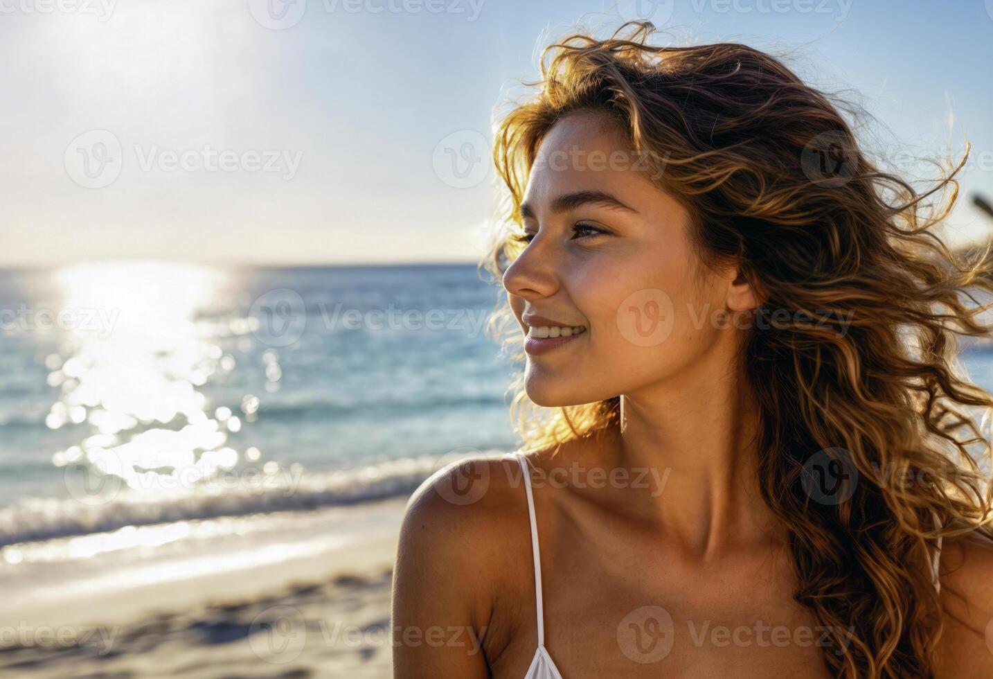 Young Woman with Curly Hair Smiling at Beach During Sunset photo