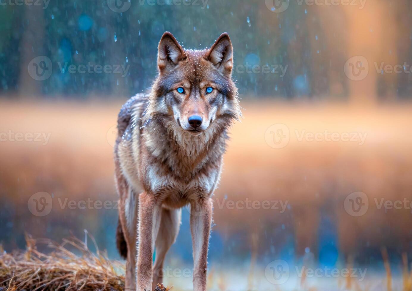 Brown wolf walking in the snow photo