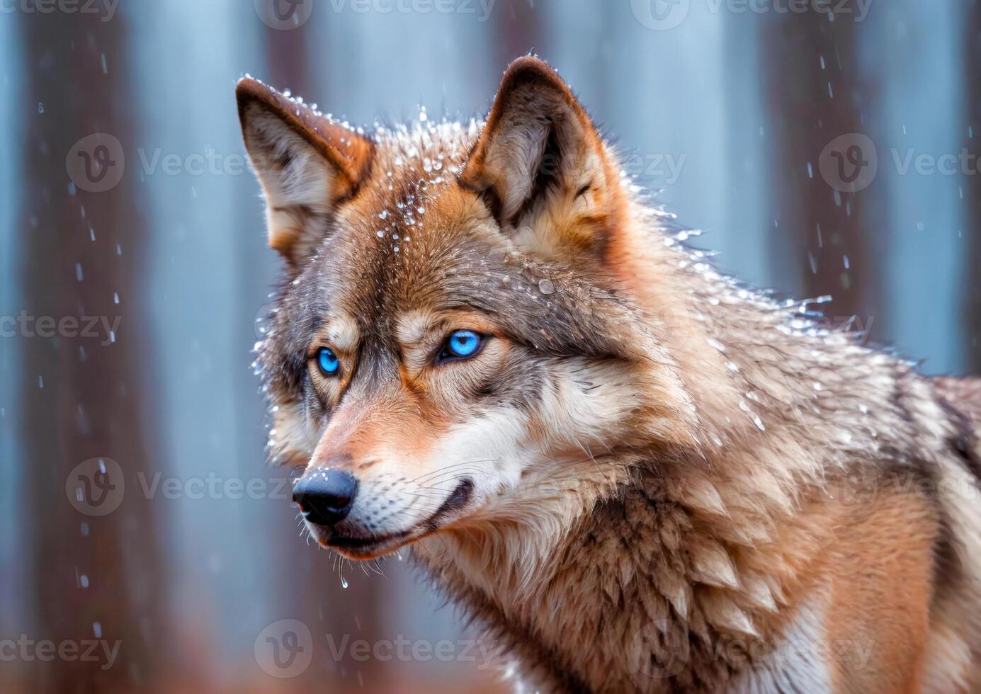 Brown wolf walking in the snow photo