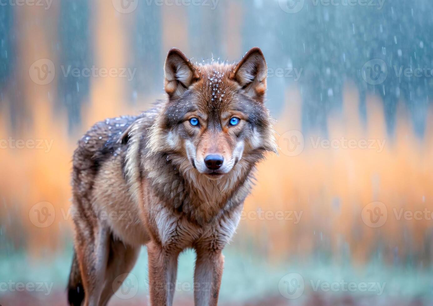 Brown wolf walking in the snow photo