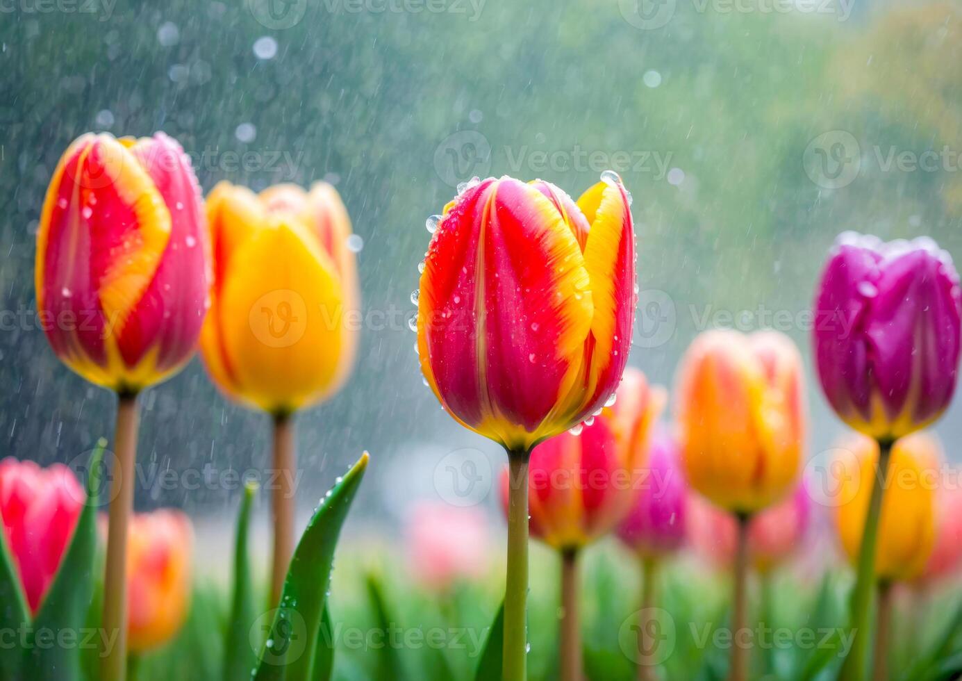 Colorful Tulips in the Rain. photo