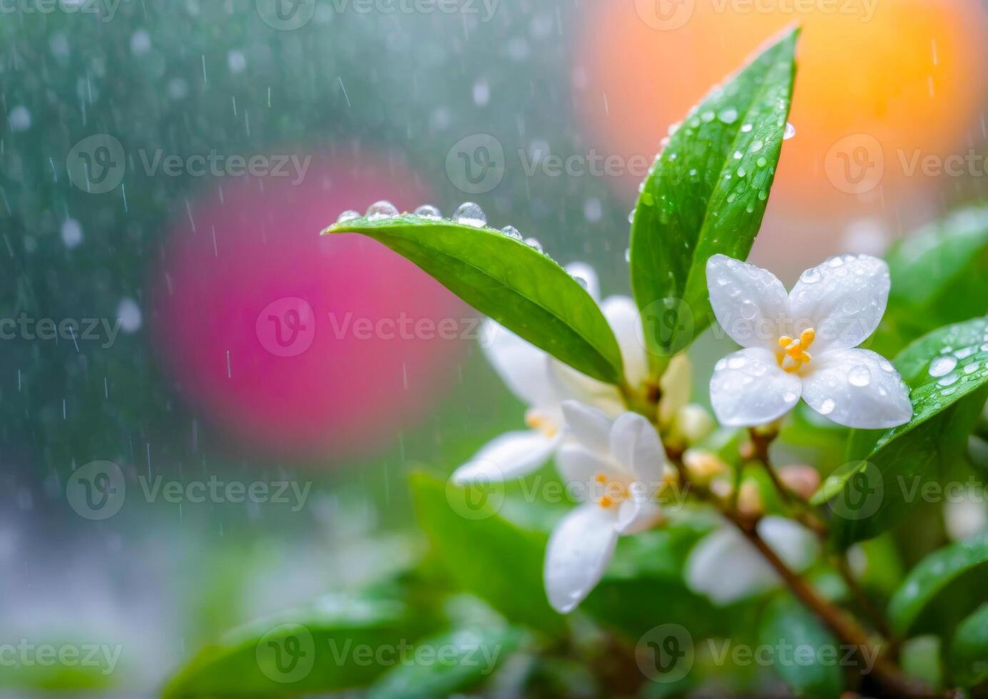 White Flower with Water Drops in the Rain photo