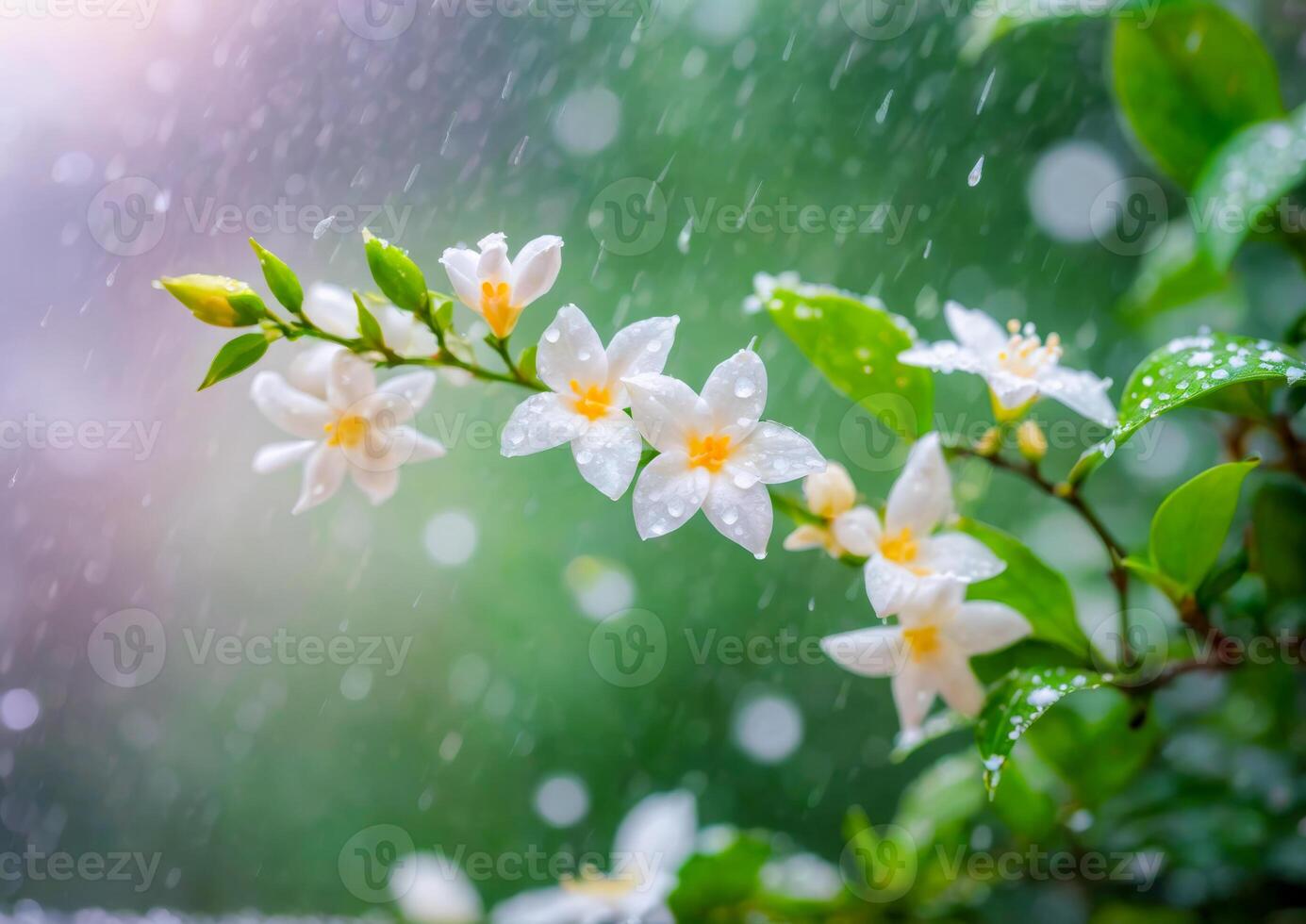 White Flower with Water Drops in the Rain photo