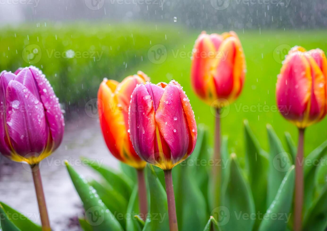 Colorful Tulips in the Rain. photo