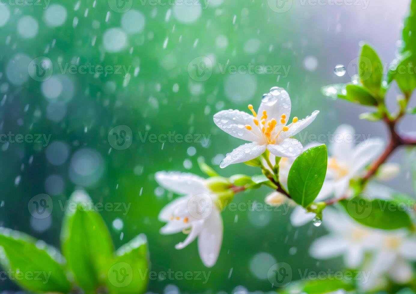 White Flower with Water Drops in the Rain photo