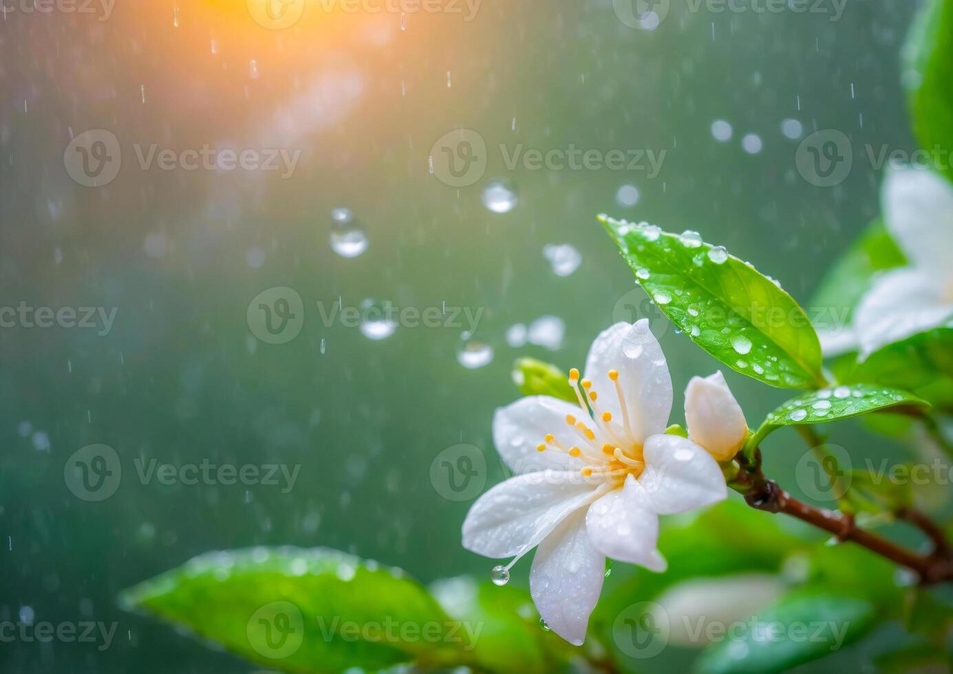 White Flower with Water Drops in the Rain photo