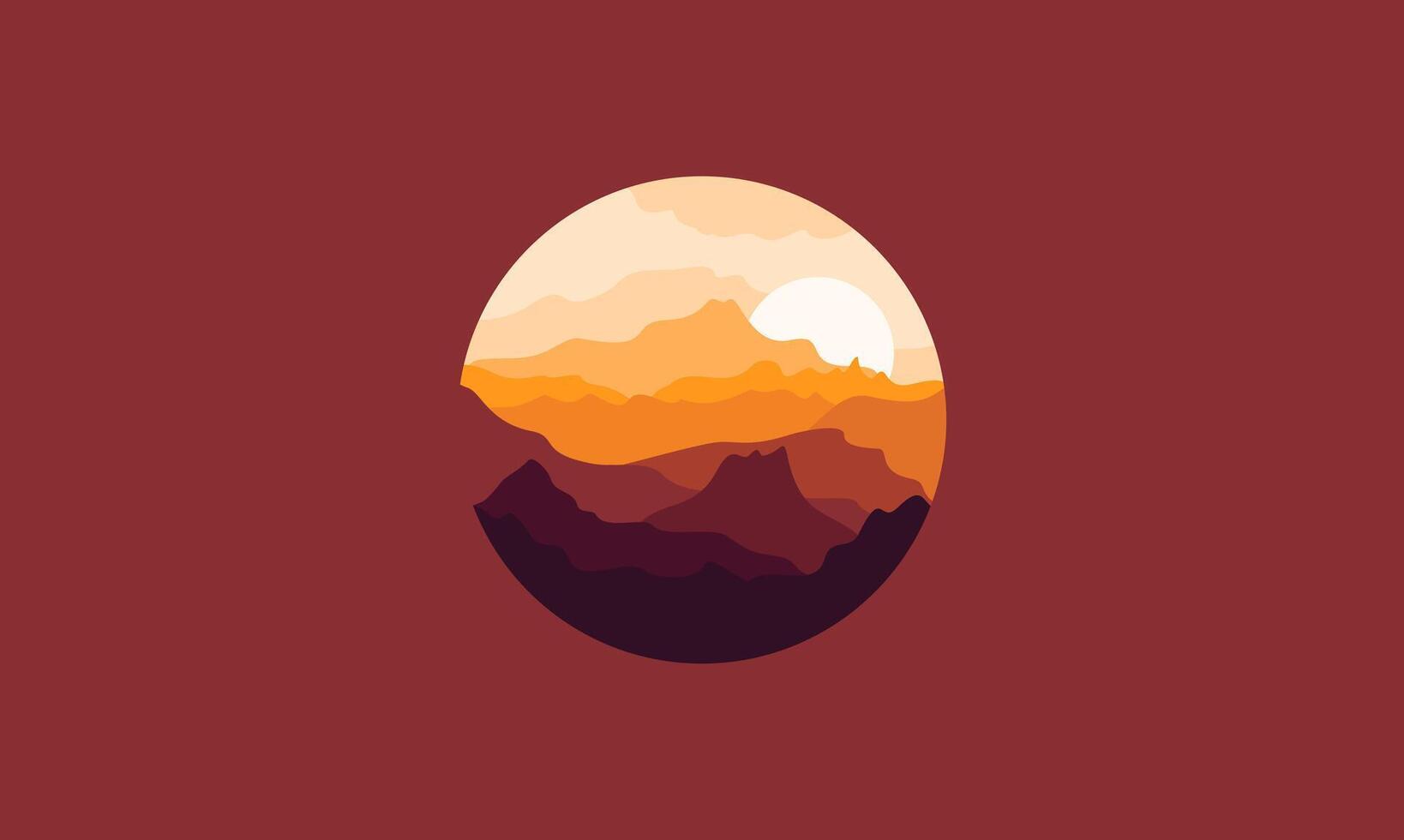 Landscape badge of mountains, calm river and silhouettes of pine trees, soft green gradations layered vector