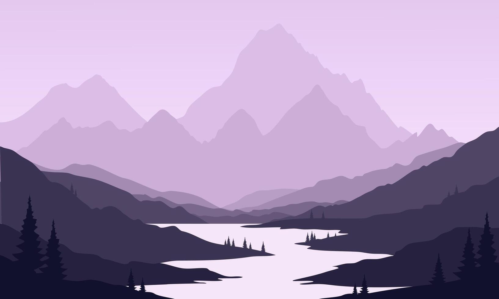 purple mountain landscape with clean sky, calm river, birds flying and pine trees silhouettes vector