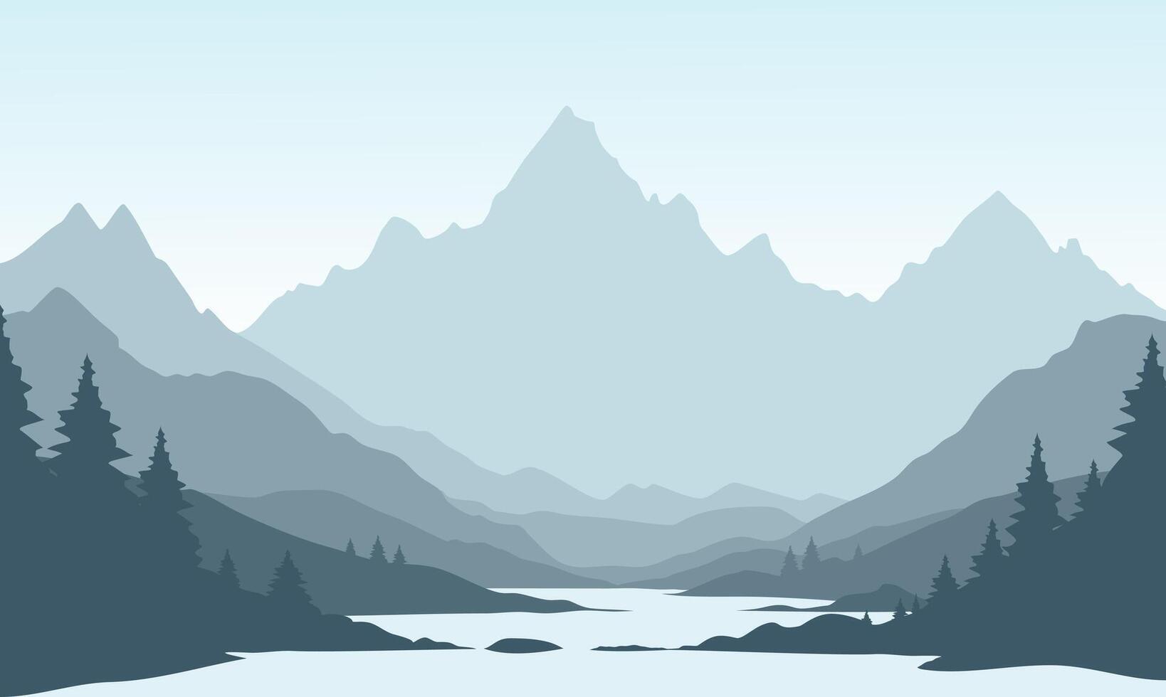 blue mountain landscape with clean sky, calm river, birds flying and pine trees silhouettes vector