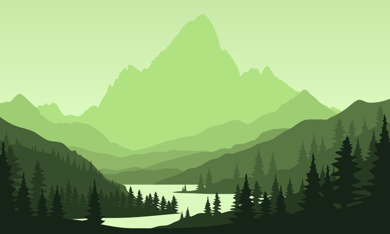 green mountain landscape with clean sky, calm river, birds flying and pine trees silhouettes vector