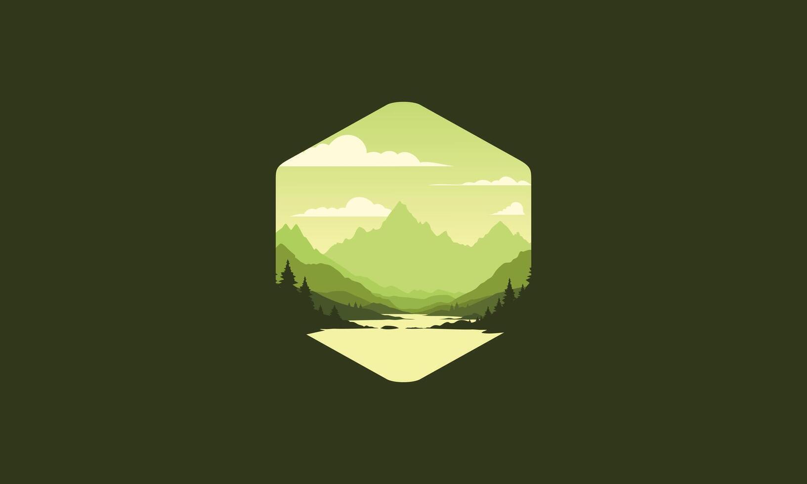 Landscape badge of mountains, calm river and silhouettes of pine trees, soft green gradations layered vector