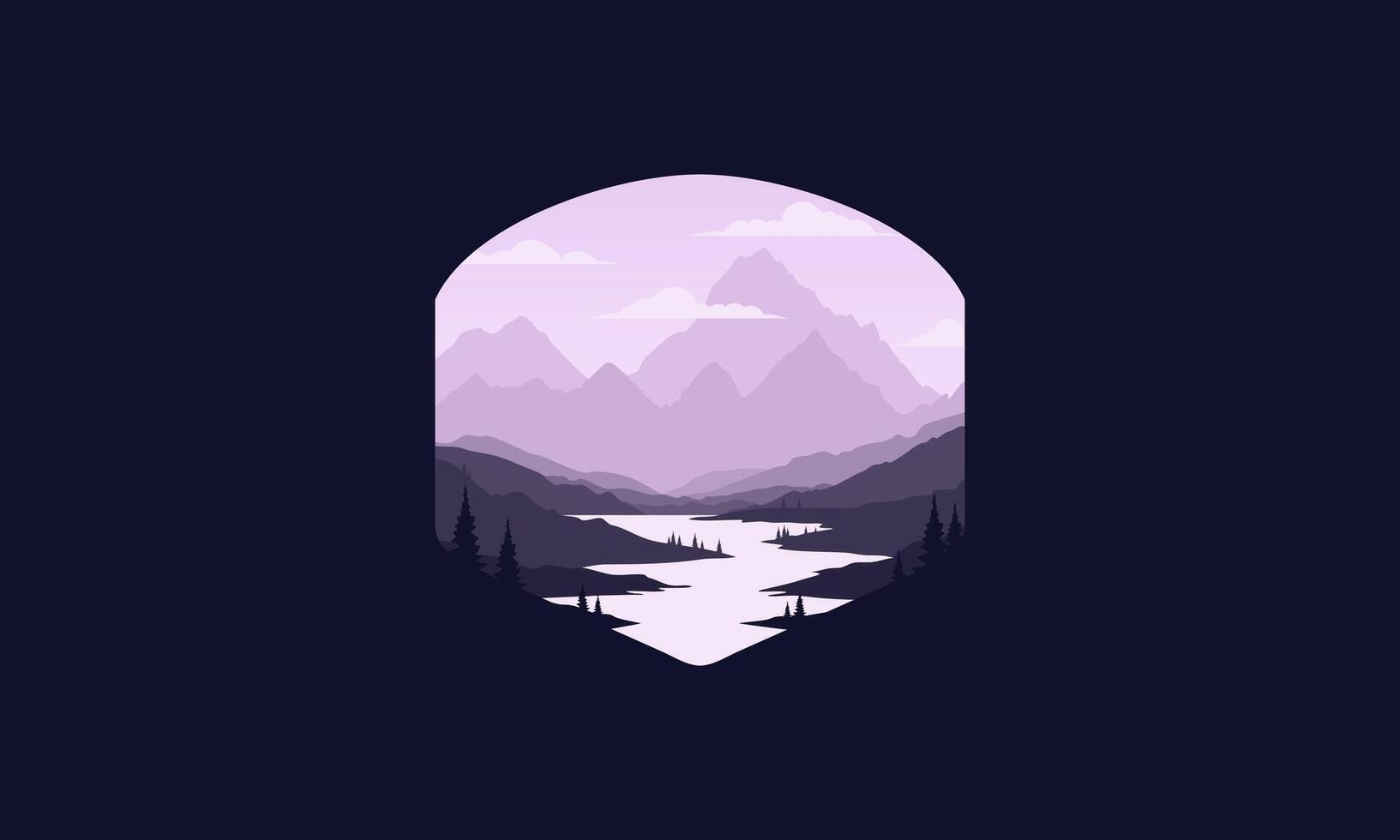 Landscape badge of mountains, calm river and silhouettes of pine trees, soft green gradations layered vector