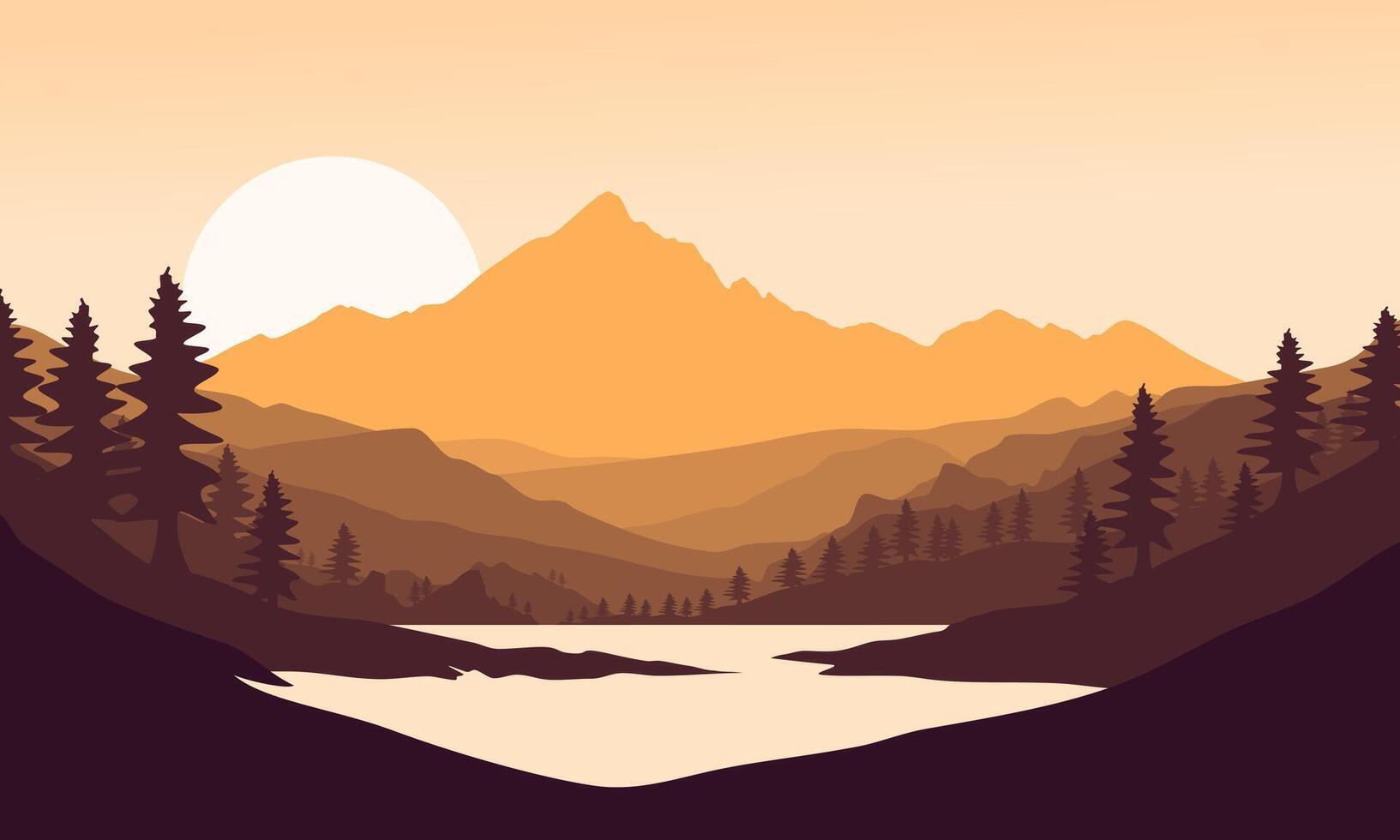 orange mountain landscape with clear sky, birds flying, sunset behind the mountains and silhouettes of trees and calm lake water vector