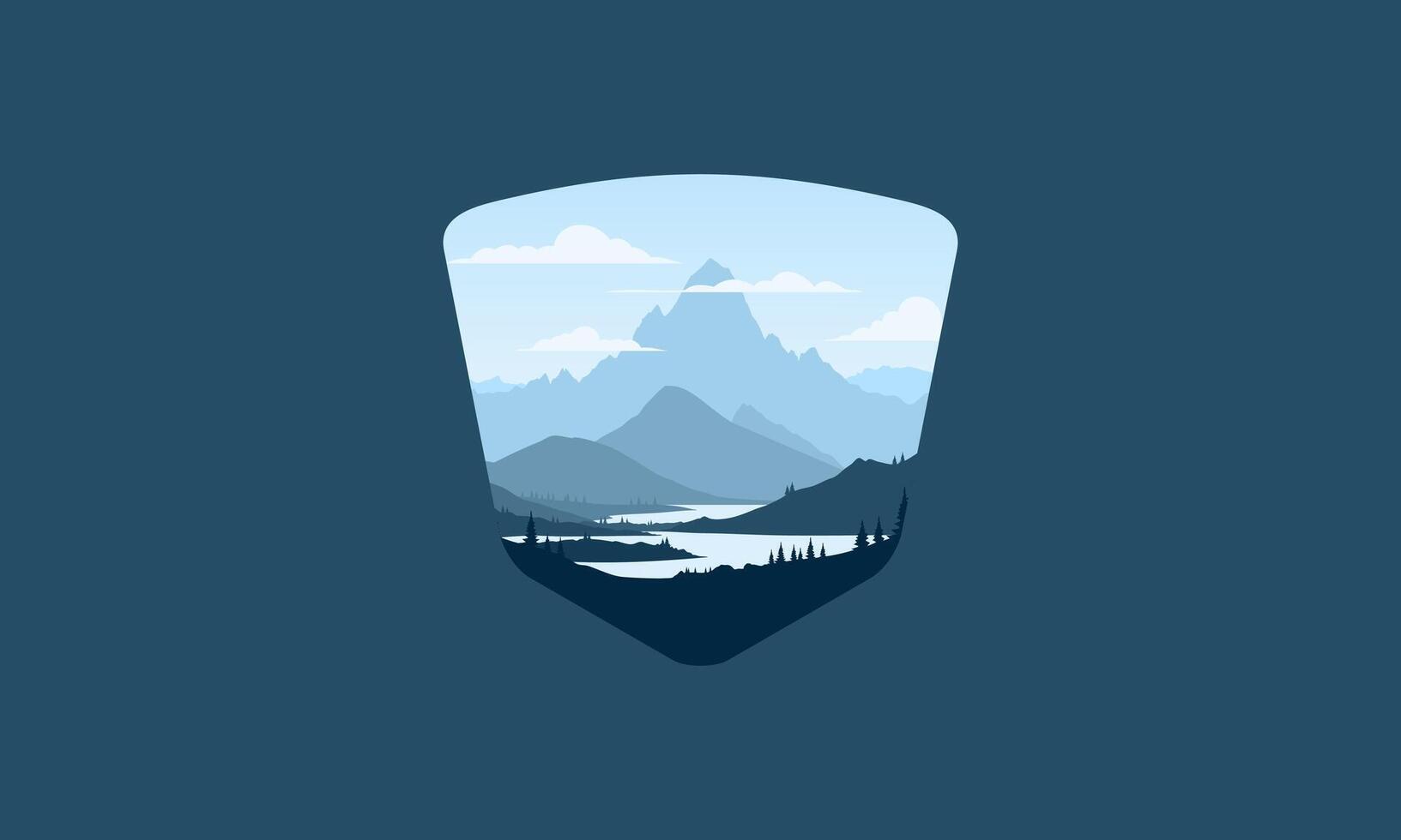 Landscape badge of mountains, calm river and silhouettes of pine trees, soft green gradations layered vector