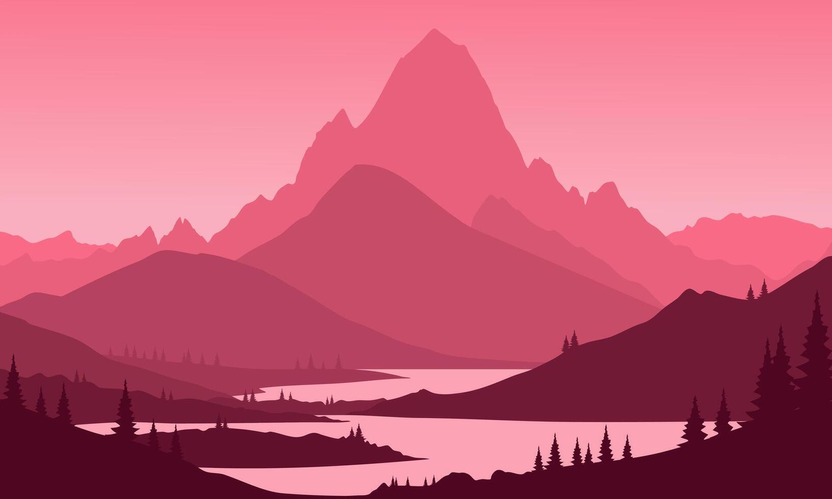 red mountain landscape with clean sky, calm river, birds flying and pine trees silhouettes vector