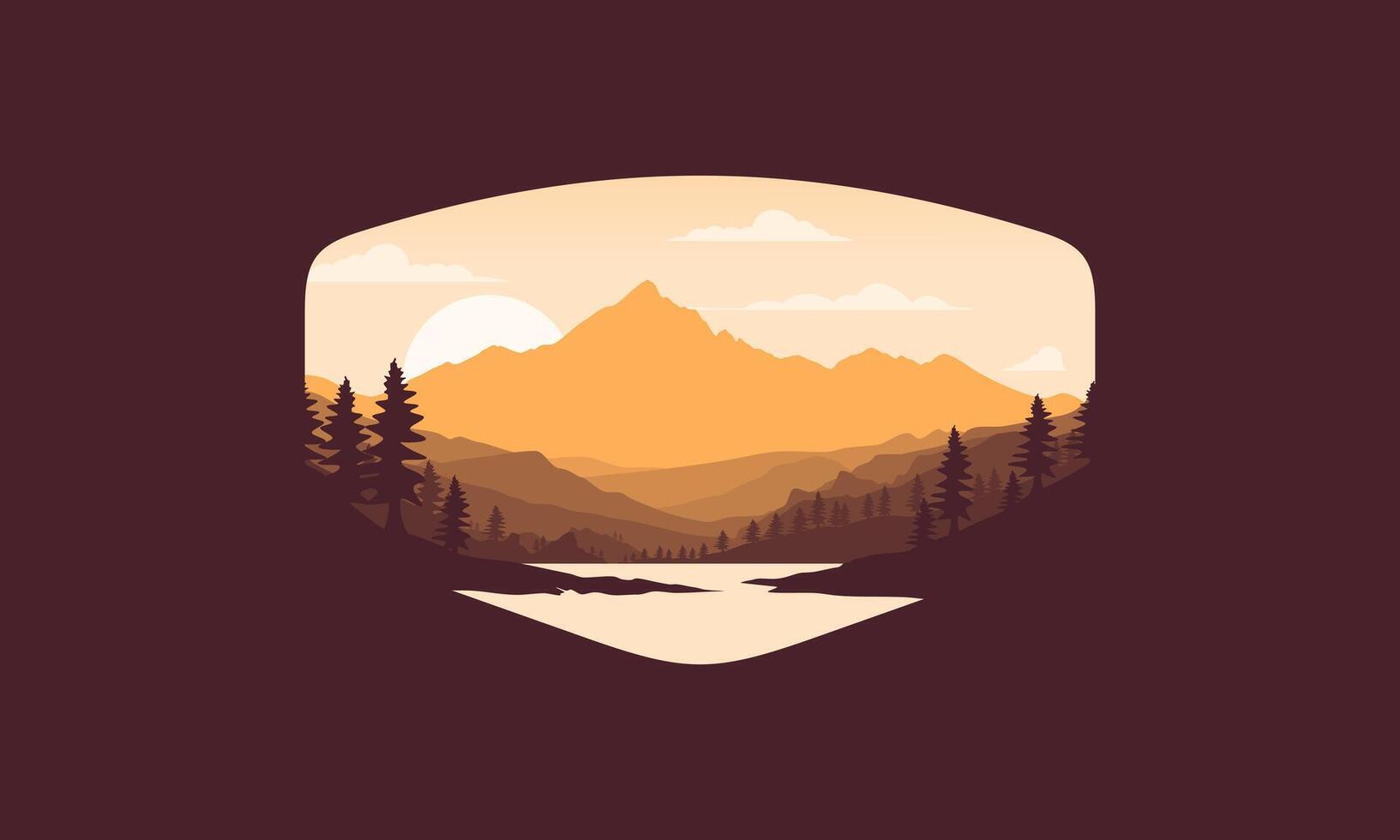 Landscape badge of mountains, calm river and silhouettes of pine trees, soft brown gradations layered vector