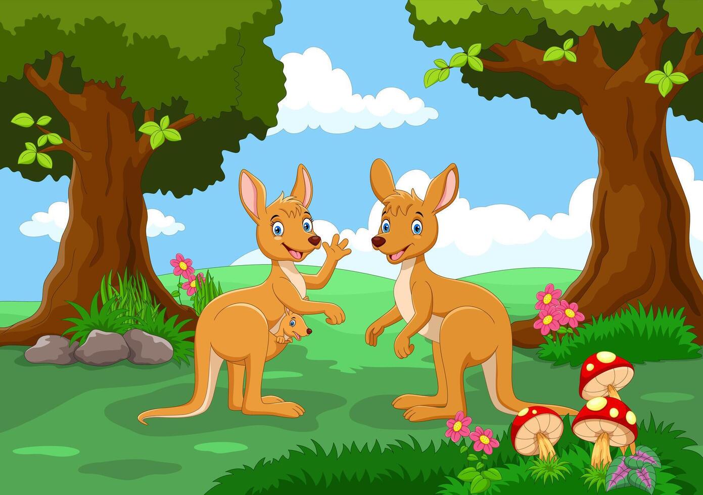 Cartoon family kangaroo with a background of a beautiful garden vector