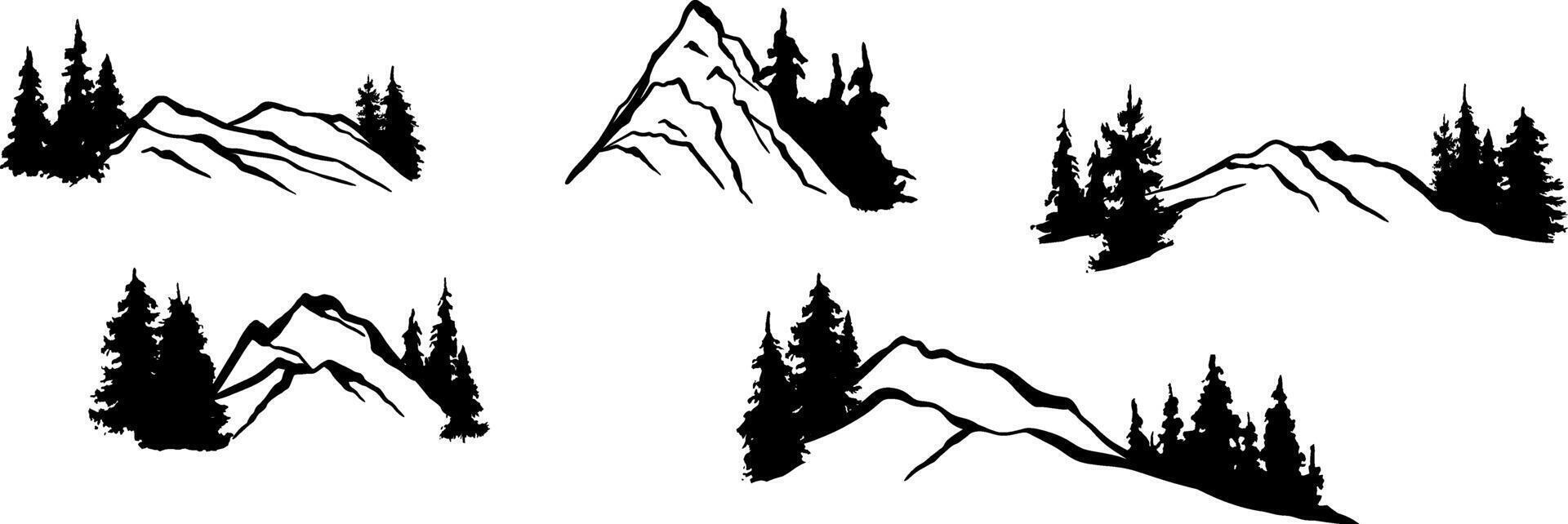 Set of silhouettes - Mountains, hills and trees. Design elements. Mountain ranges, hills and forests, fir tree, outdoors, nature, travel, climbing vector