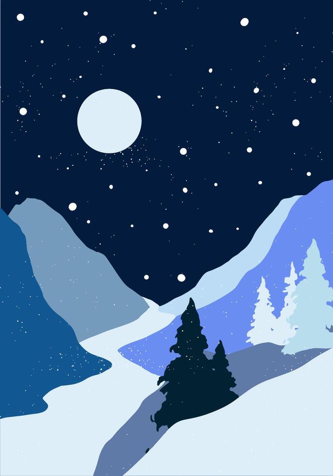 Flat winter poster landscape with silhouettes of trees, hills and mountains with falling snow, Christmas scene, panorama, horizon, fir tree, cold weather, Northern vector