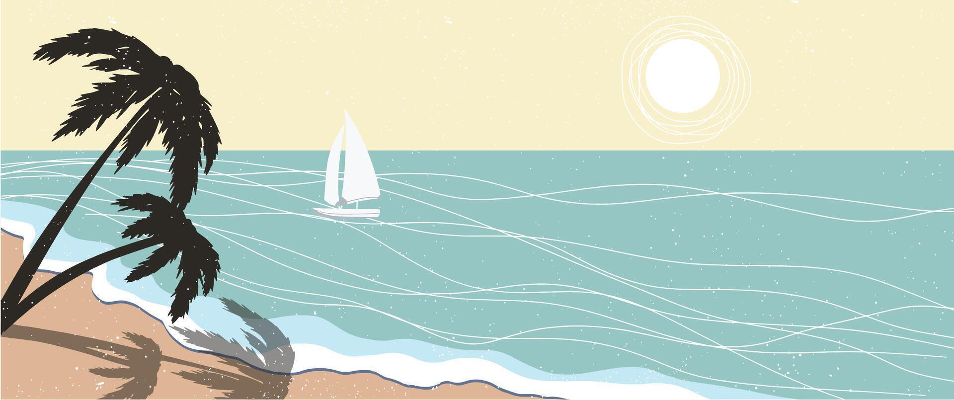Sea water landscape banner beach sea shore, sun and palms, shadow, turquoise water, flat illustration, outdoors, vacation, printable design vector