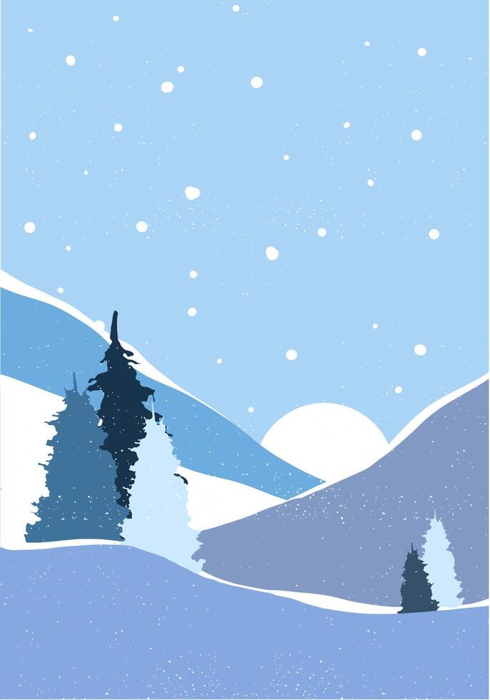 Flat winter poster landscape with silhouettes of trees, hills and mountains with falling snow, Christmas scene, panorama, horizon, fir tree, cold weather, Northern vector