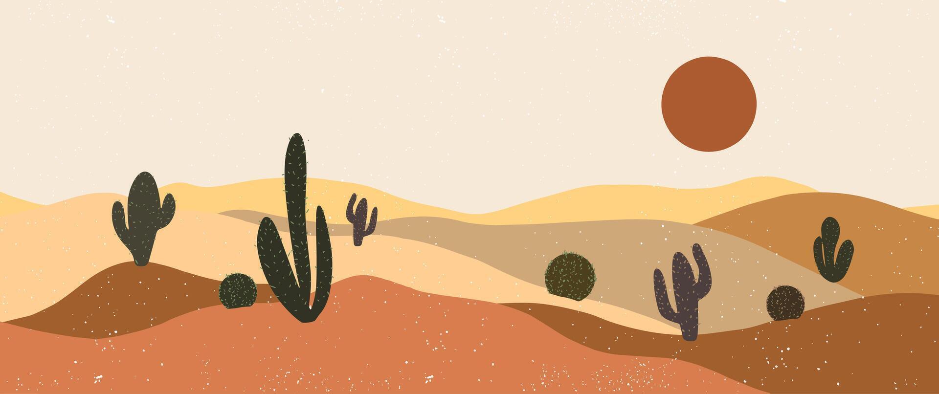 Mountains, sand, desert, sun, hot weather banner flat illustration with cacti, landscape, horizon, ecological, nature vector